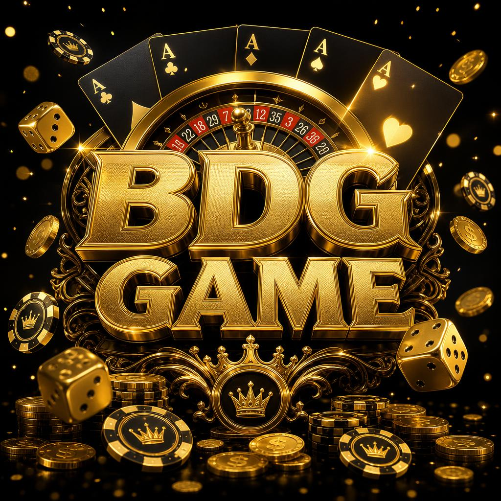 Golden BDG Game emblem with roulette wheel, dice, cards and casino chips