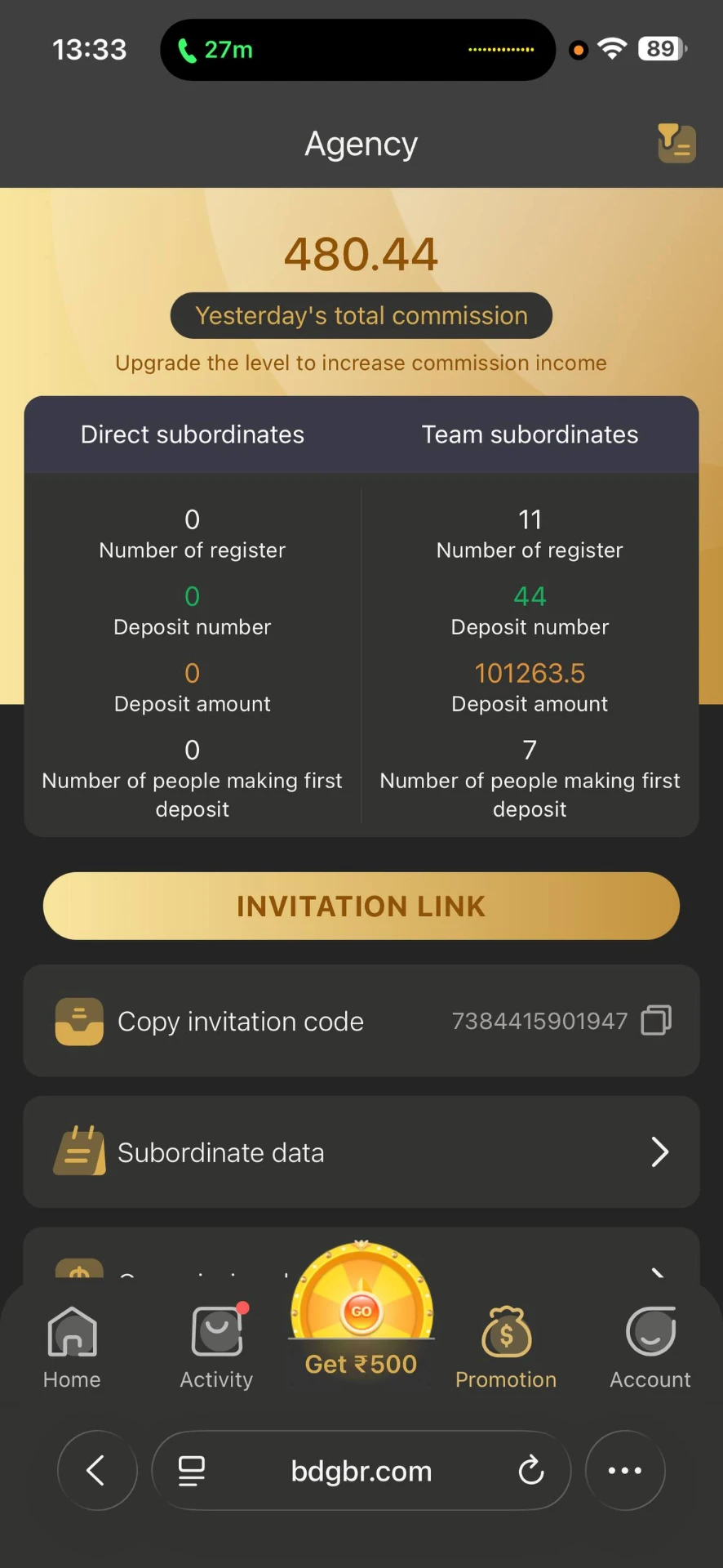 BDG Game Agency screen showing commission, direct and team subordinate statistics